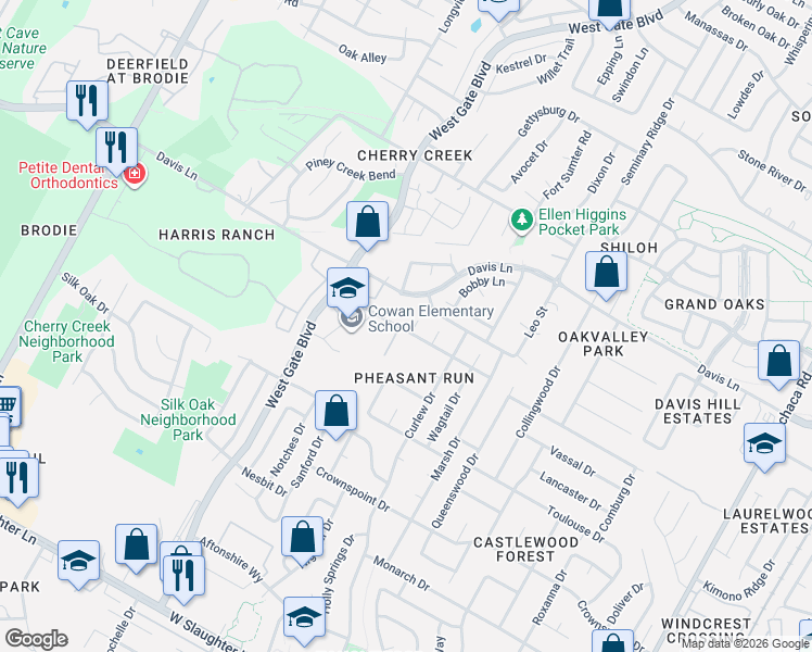 map of restaurants, bars, coffee shops, grocery stores, and more near 8908 Creekmont Cove in Austin