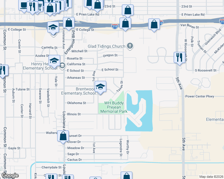 map of restaurants, bars, coffee shops, grocery stores, and more near 3742 Texas Street in Lake Charles