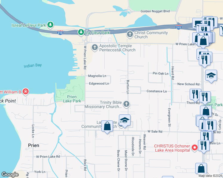 map of restaurants, bars, coffee shops, grocery stores, and more near 2608 Park Drive in Lake Charles