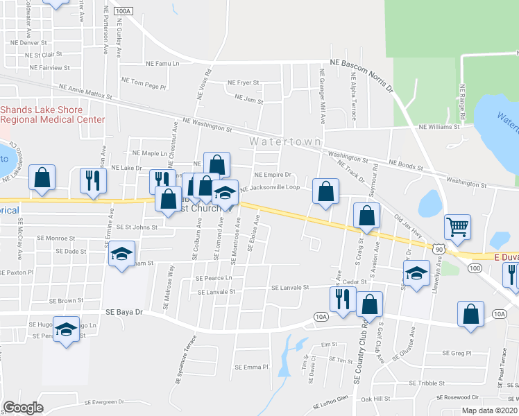 map of restaurants, bars, coffee shops, grocery stores, and more near 1367 East Duval Street in Lake City