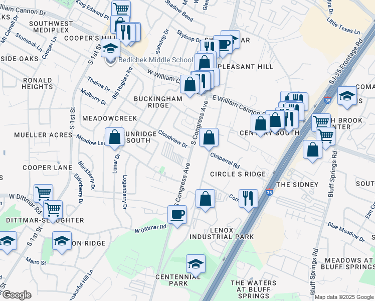 map of restaurants, bars, coffee shops, grocery stores, and more near 101 Cloudview Drive in Austin