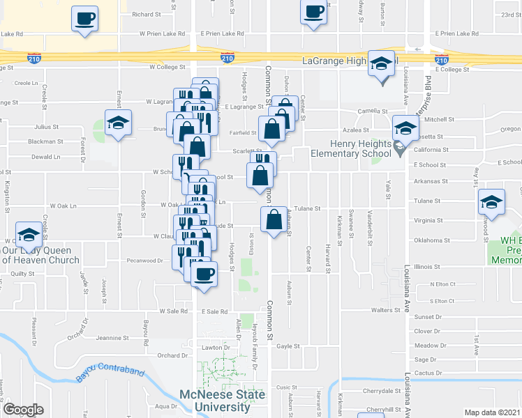 map of restaurants, bars, coffee shops, grocery stores, and more near 3816 Common Street in Lake Charles