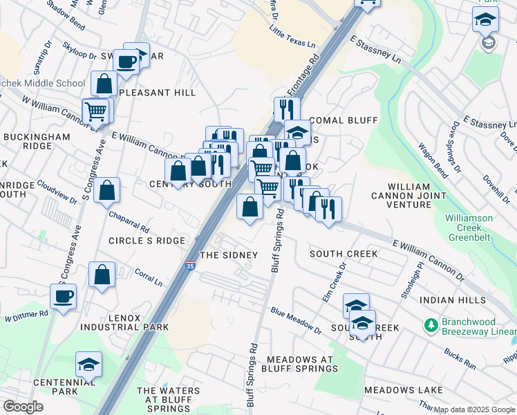 map of restaurants, bars, coffee shops, grocery stores, and more near 6607 North Interstate 35 Frontage Road in Austin