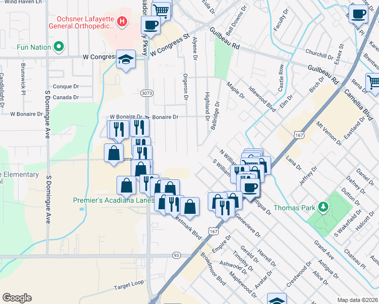 map of restaurants, bars, coffee shops, grocery stores, and more near 323 Orgeron Drive in Lafayette