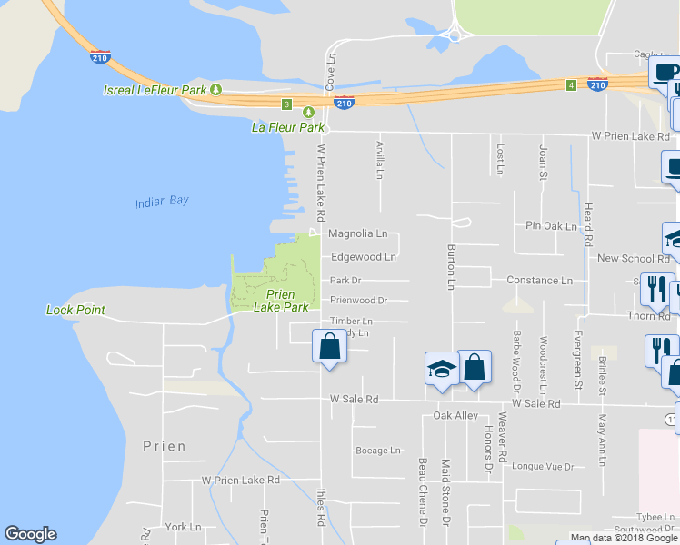 map of restaurants, bars, coffee shops, grocery stores, and more near 2718 Park Dr in Lake Charles