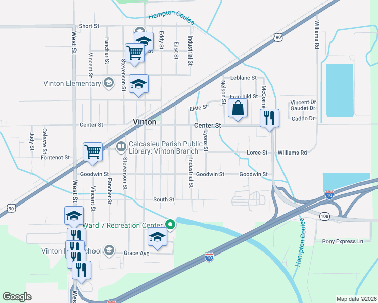 map of restaurants, bars, coffee shops, grocery stores, and more near 1203 Loree Street in Vinton