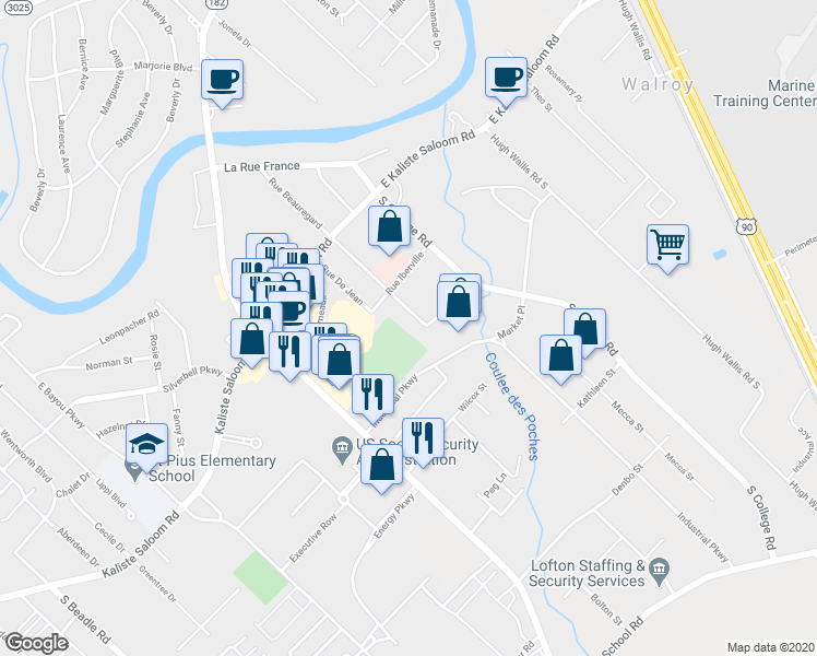 map of restaurants, bars, coffee shops, grocery stores, and more near 300 Rue Beauregard in Lafayette