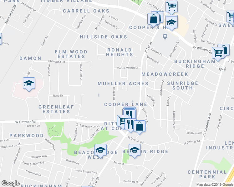 map of restaurants, bars, coffee shops, grocery stores, and more near 7501 Cooper Lane in Austin