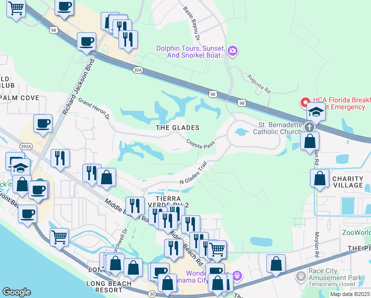 map of restaurants, bars, coffee shops, grocery stores, and more near 151 Coyote Pass in Panama City Beach