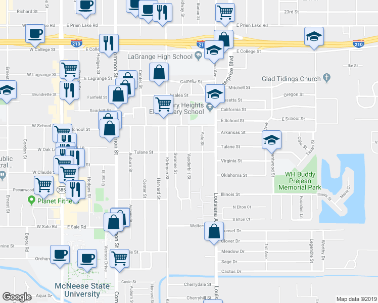 map of restaurants, bars, coffee shops, grocery stores, and more near 3798 Vanderbilt Street in Lake Charles