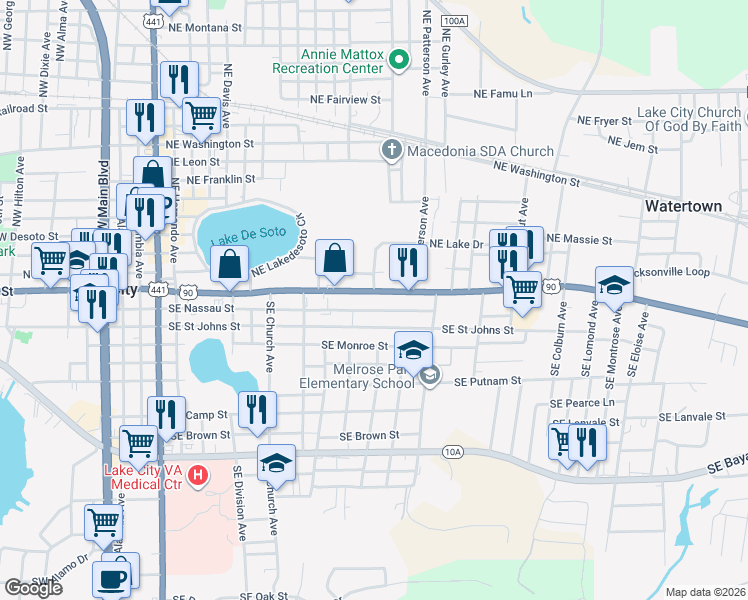 map of restaurants, bars, coffee shops, grocery stores, and more near 1200-1398 E Duval St in Lake City