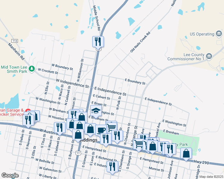 map of restaurants, bars, coffee shops, grocery stores, and more near 375 East Independence Street in Giddings