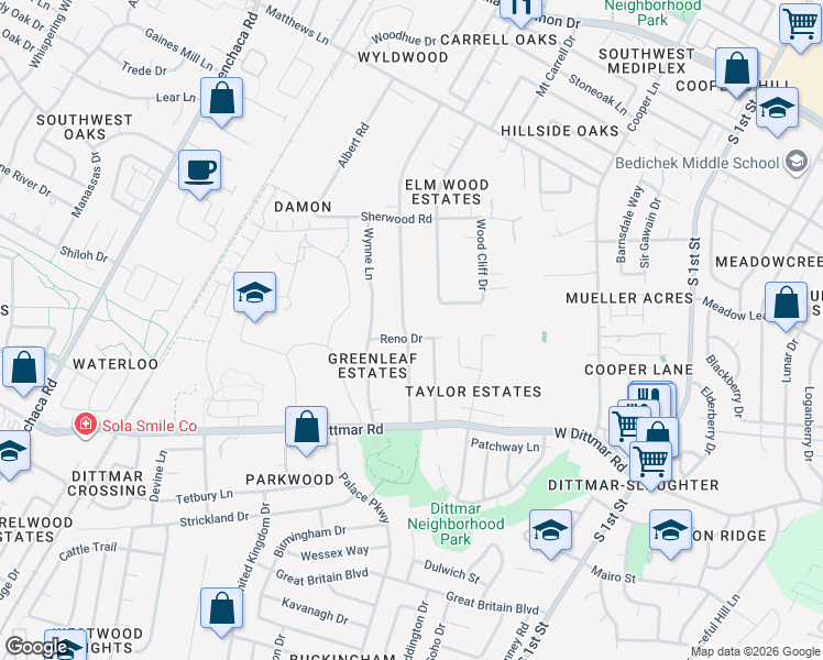 map of restaurants, bars, coffee shops, grocery stores, and more near 7803 Forest Wood Road in Austin