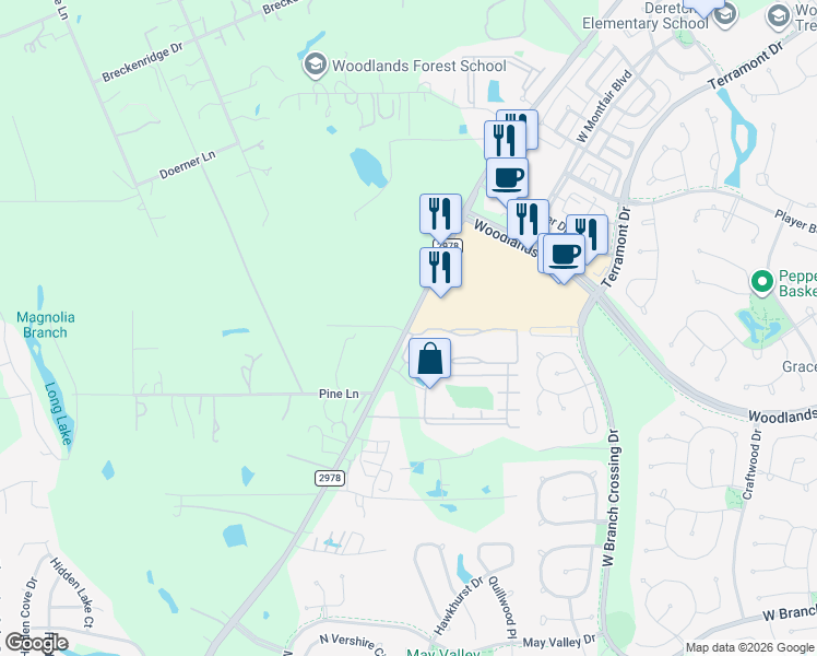map of restaurants, bars, coffee shops, grocery stores, and more near 30102 Farm to Market Road 2978 in Magnolia