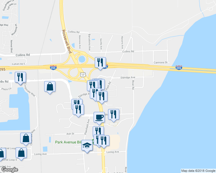 map of restaurants, bars, coffee shops, grocery stores, and more near 245 Old Orange Park Road in Orange Park