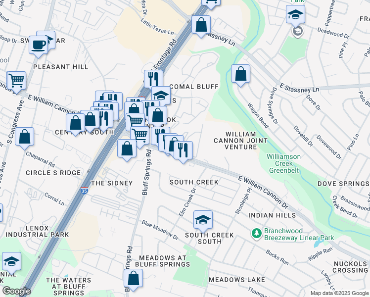 map of restaurants, bars, coffee shops, grocery stores, and more near 1912 East William Cannon Drive in Austin
