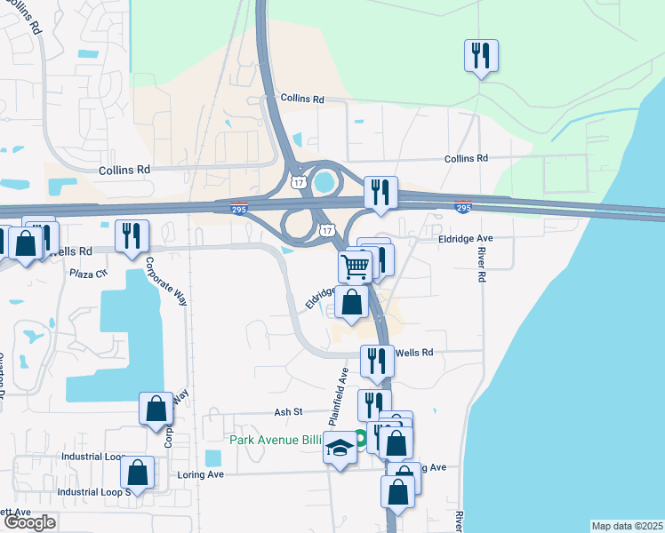 map of restaurants, bars, coffee shops, grocery stores, and more near 605 Wells Rd in Orange Park