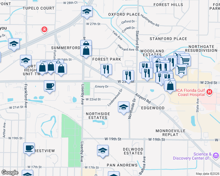 map of restaurants, bars, coffee shops, grocery stores, and more near 1209 Emory Drive in Panama City