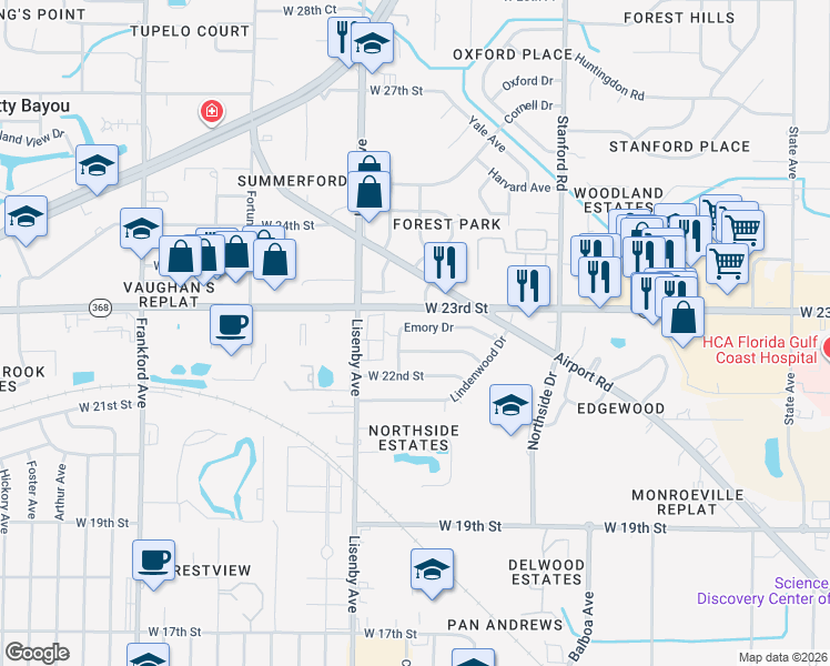 map of restaurants, bars, coffee shops, grocery stores, and more near 1221 Emory Drive in Panama City