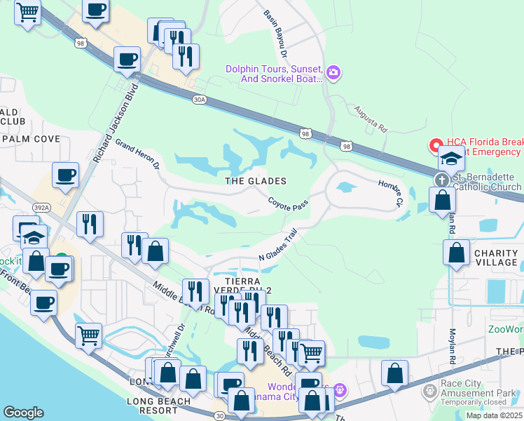 map of restaurants, bars, coffee shops, grocery stores, and more near 151 Coyote Pass in Panama City Beach