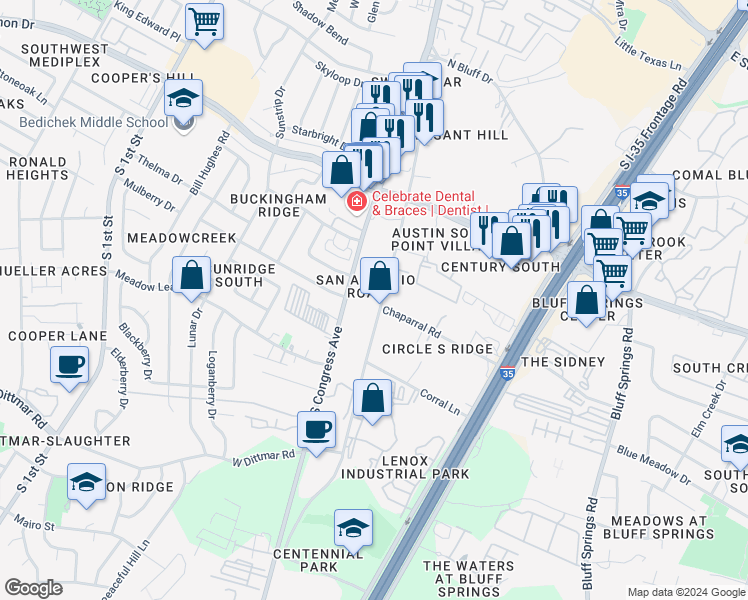 map of restaurants, bars, coffee shops, grocery stores, and more near 6908 Circle South Road in Austin