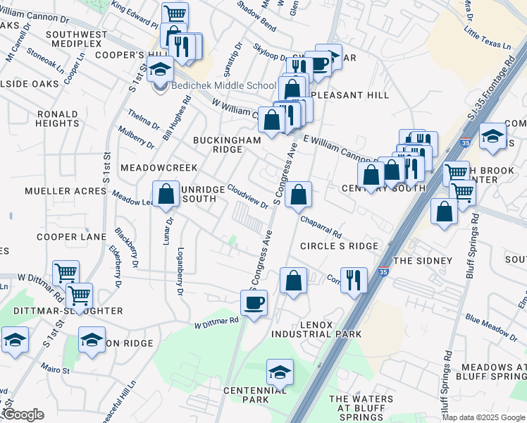 map of restaurants, bars, coffee shops, grocery stores, and more near 101 Cloudview Drive in Austin