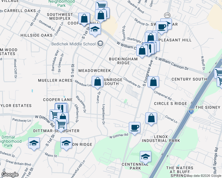 map of restaurants, bars, coffee shops, grocery stores, and more near 305 Kimberly Drive in Austin