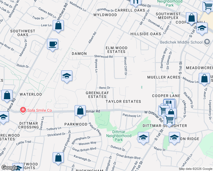 map of restaurants, bars, coffee shops, grocery stores, and more near 7803 Forest Wood Road in Austin