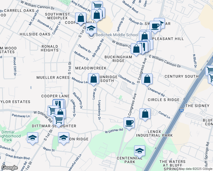 map of restaurants, bars, coffee shops, grocery stores, and more near 305 Kimberly Drive in Austin