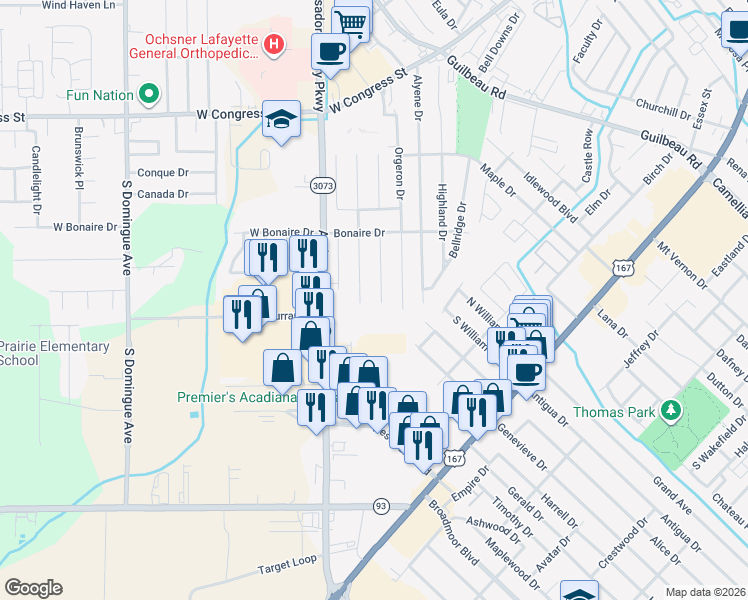 map of restaurants, bars, coffee shops, grocery stores, and more near 322 Upland Drive in Lafayette