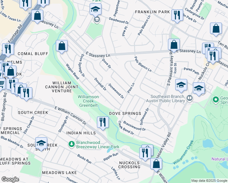 map of restaurants, bars, coffee shops, grocery stores, and more near 4408 Dovewood Drive in Austin