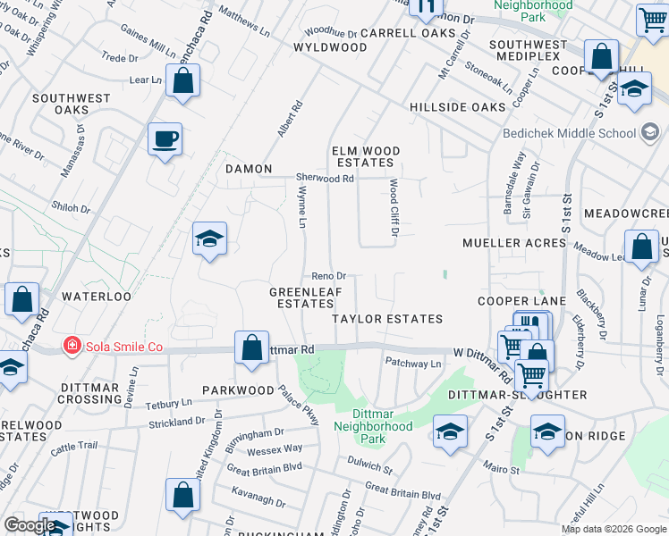 map of restaurants, bars, coffee shops, grocery stores, and more near 7803 Forest Wood Road in Austin