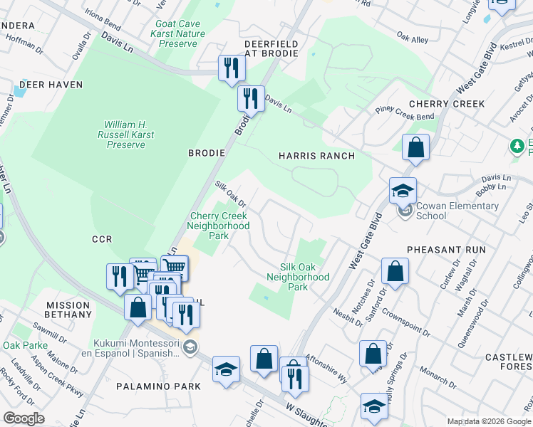 map of restaurants, bars, coffee shops, grocery stores, and more near 9303 Lightwood Loop in Austin