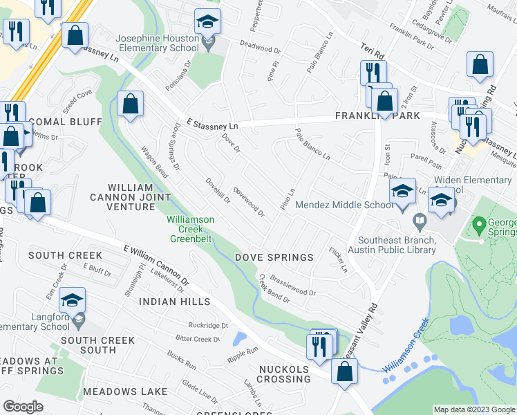 map of restaurants, bars, coffee shops, grocery stores, and more near 4408 Dovewood Drive in Austin