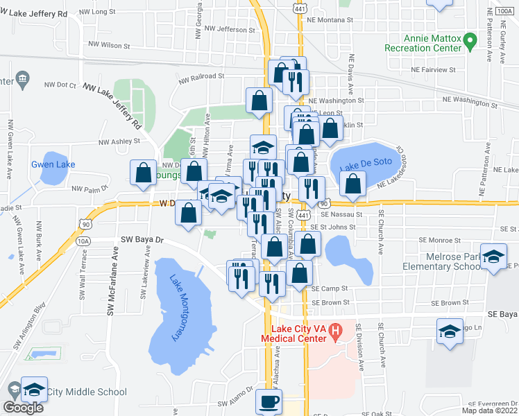 map of restaurants, bars, coffee shops, grocery stores, and more near 126 Southwest Main Boulevard in Lake City