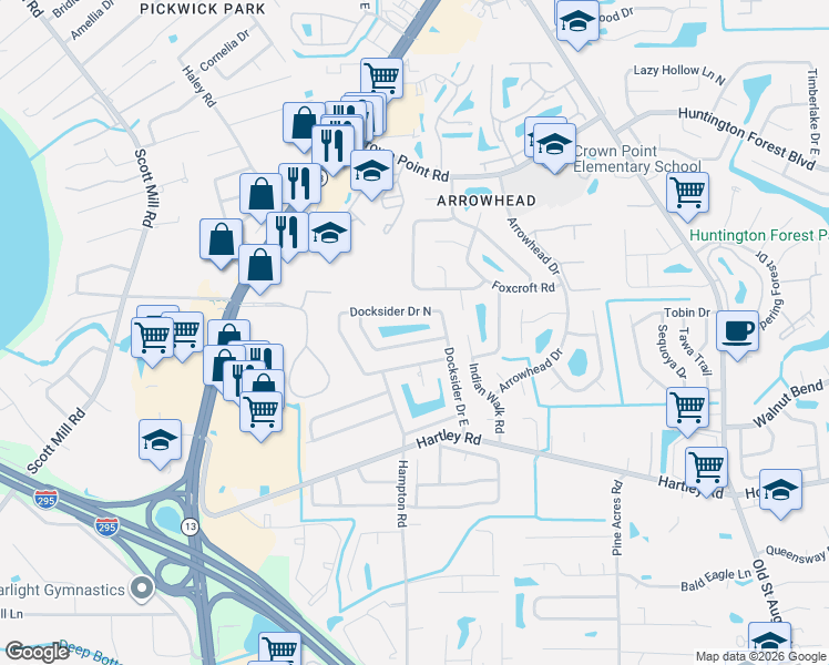 map of restaurants, bars, coffee shops, grocery stores, and more near 3539 Scrimshaw Drive in Jacksonville