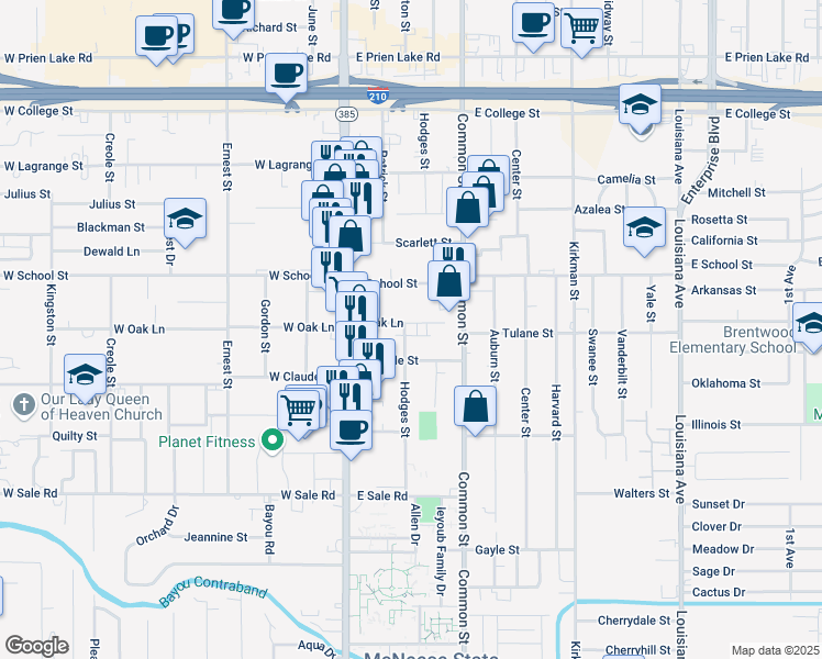 map of restaurants, bars, coffee shops, grocery stores, and more near 502 E Oak Ln in Lake Charles