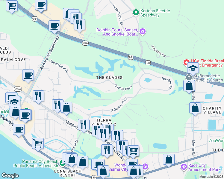 map of restaurants, bars, coffee shops, grocery stores, and more near 151 Coyote Pass in Panama City Beach
