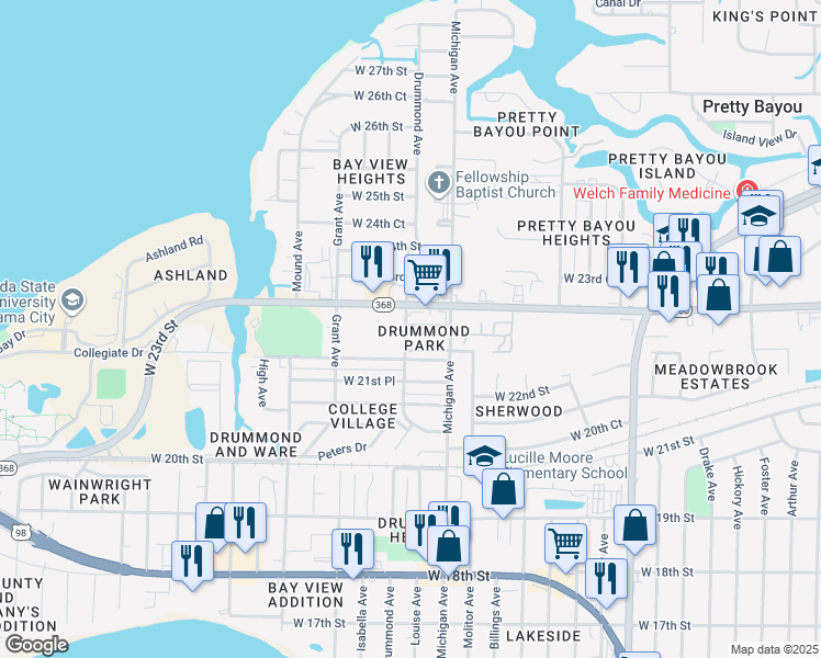 map of restaurants, bars, coffee shops, grocery stores, and more near 3717 West 22nd Court in Panama City