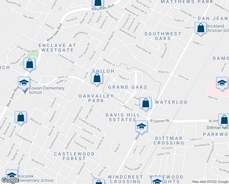 map of restaurants, bars, coffee shops, grocery stores, and more near 8613 Winterstein Drive in Austin