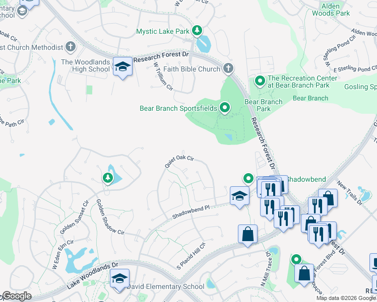 map of restaurants, bars, coffee shops, grocery stores, and more near 6 Quiet Oak Drive in Spring