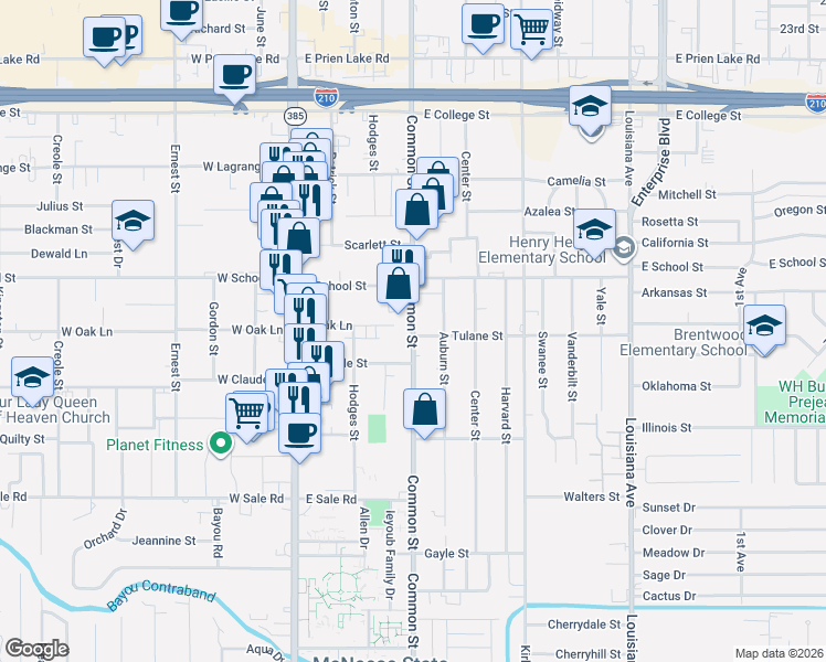 map of restaurants, bars, coffee shops, grocery stores, and more near 3816 Common Street in Lake Charles