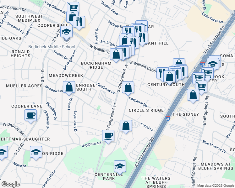 map of restaurants, bars, coffee shops, grocery stores, and more near 7001 South Congress Avenue in Austin