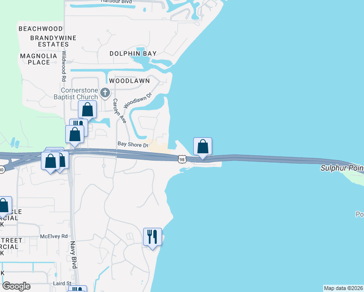 map of restaurants, bars, coffee shops, grocery stores, and more near 312 Bayshore Drive in Panama City Beach