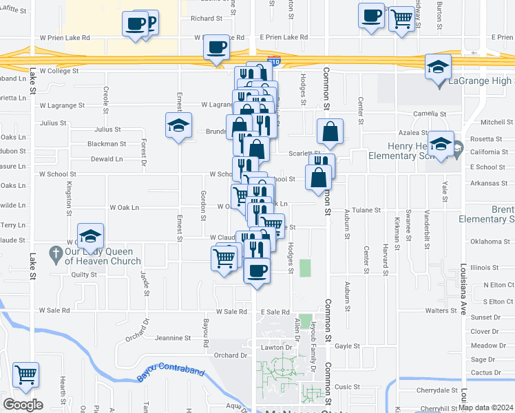 map of restaurants, bars, coffee shops, grocery stores, and more near 3801 Ryan Street in Lake Charles