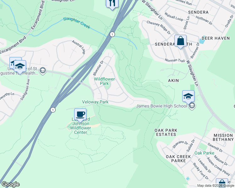 map of restaurants, bars, coffee shops, grocery stores, and more near 10205 Broomflower Drive in Austin