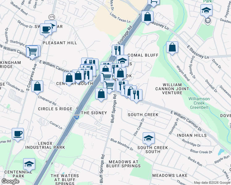 map of restaurants, bars, coffee shops, grocery stores, and more near E William Cannon Dr & Bluff Springs Rd in Austin