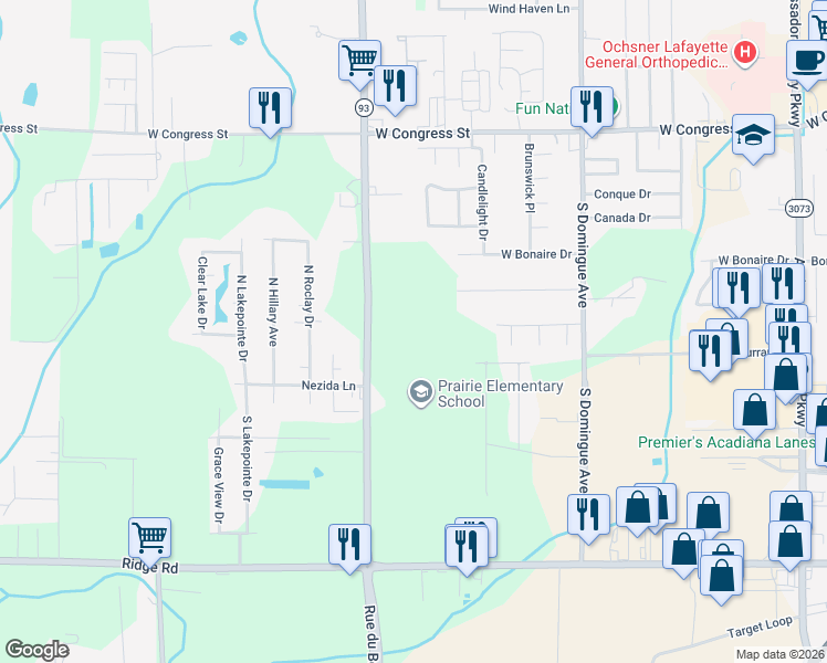 map of restaurants, bars, coffee shops, grocery stores, and more near 149 Demas Drive in Lafayette