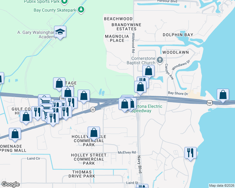 map of restaurants, bars, coffee shops, grocery stores, and more near 7150 U.S. 98 in Panama City Beach