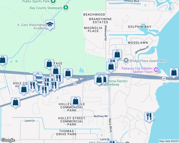 map of restaurants, bars, coffee shops, grocery stores, and more near 1950 Pointe Drive in Panama City Beach